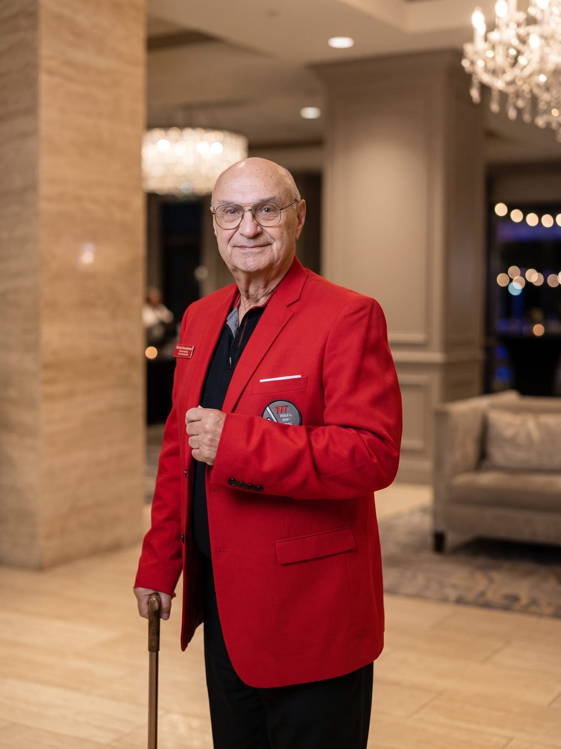 AI-generated image of Randy Goettlicher in a red Hall of Fame blazer.